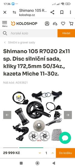 Prodám kompletní sadu Shimano 105 R 7020 2*11 disc,kliky 172,5 50/34,kazeta11/30z.