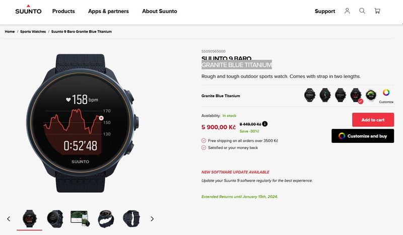 SUUNTO 9 BARO, Granite Blue Titanium NOVÉ/ rezervované