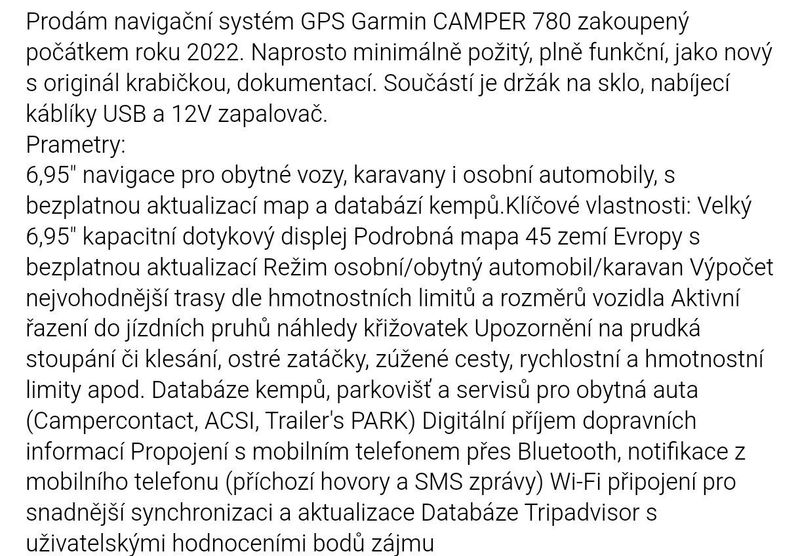 Prodám navigační systém GPS Garmin Camper 780