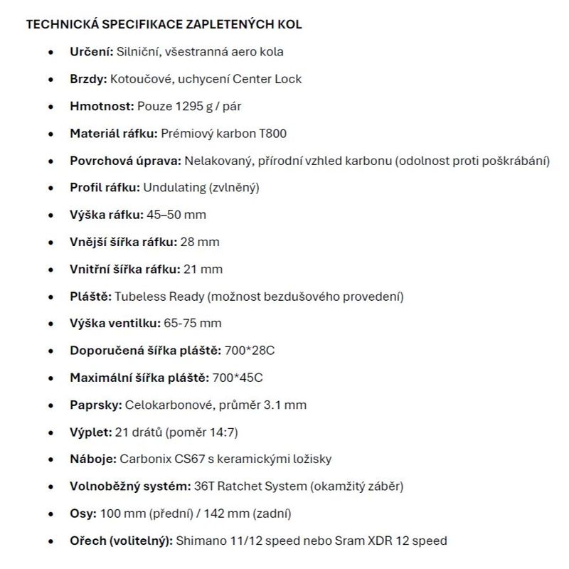 Lehká silniční karbonová kola Carbonix Undulating s karbonovými dráty (1295g) a keramickými ložisky!
