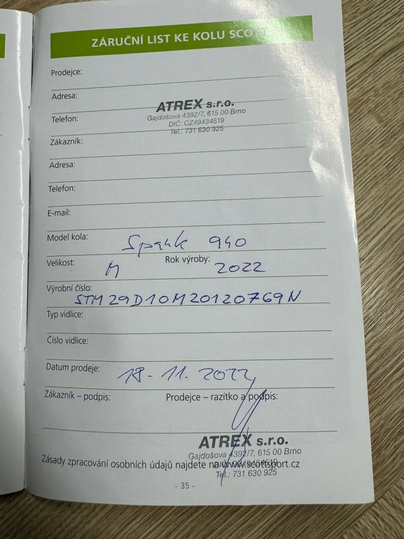 Scott SPARK 940 / CARBON / 1. majitel / SUPER STAV / PO SERVISU Z 09/2025 / najeto cca 500 km