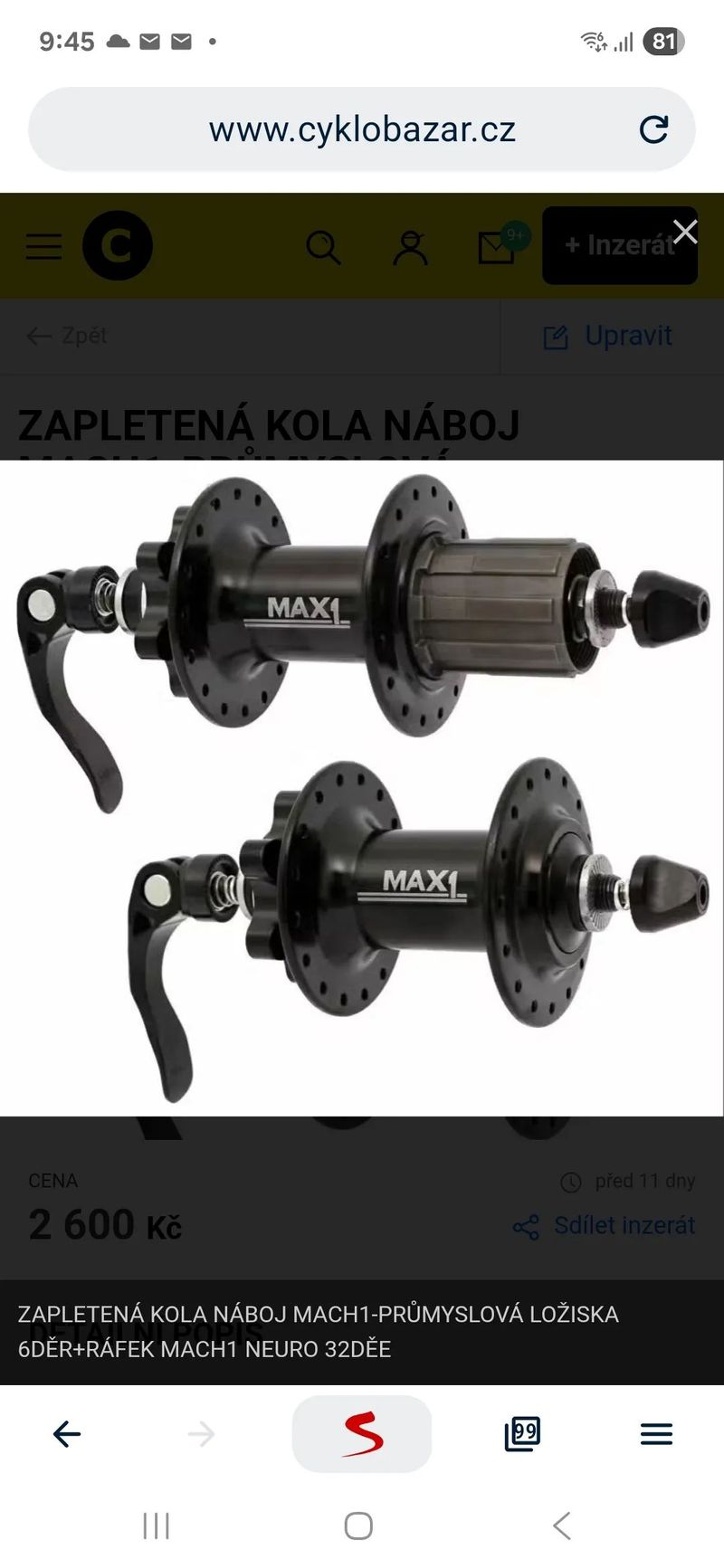 ZAPLETENÁ KOLA NÁBOJ MACH1-PRŮMYSLOVÁ LOŽISKA 6DĚR+RÁFEK MACH1 NEURO 32DĚE