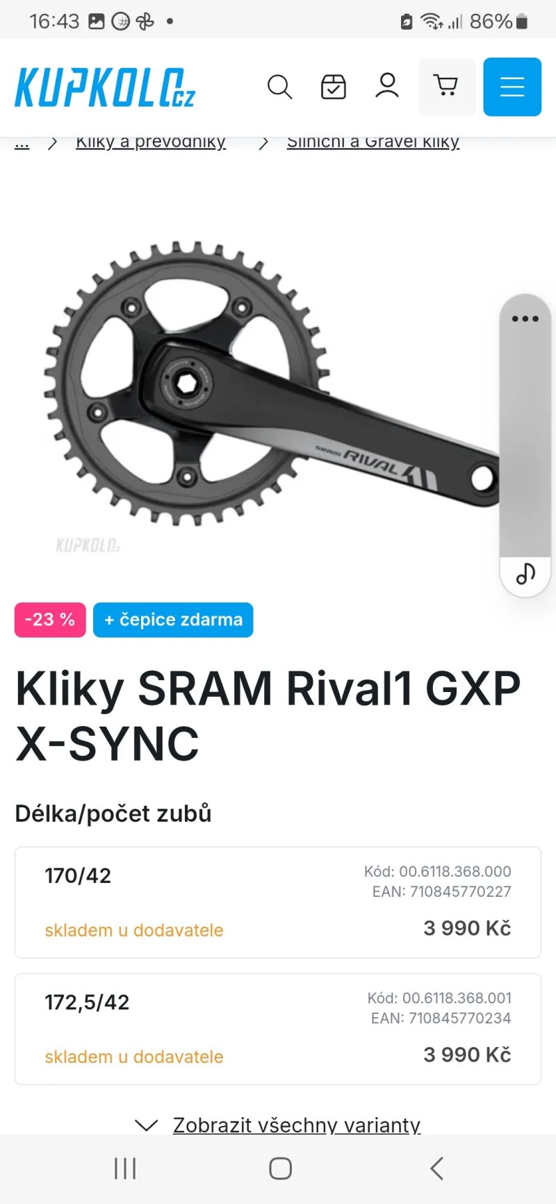Gravel kliky SRAM Apex a Rival 42 z. Nové 