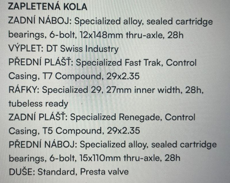 Výplety Specialized nové pouze sundané z kola