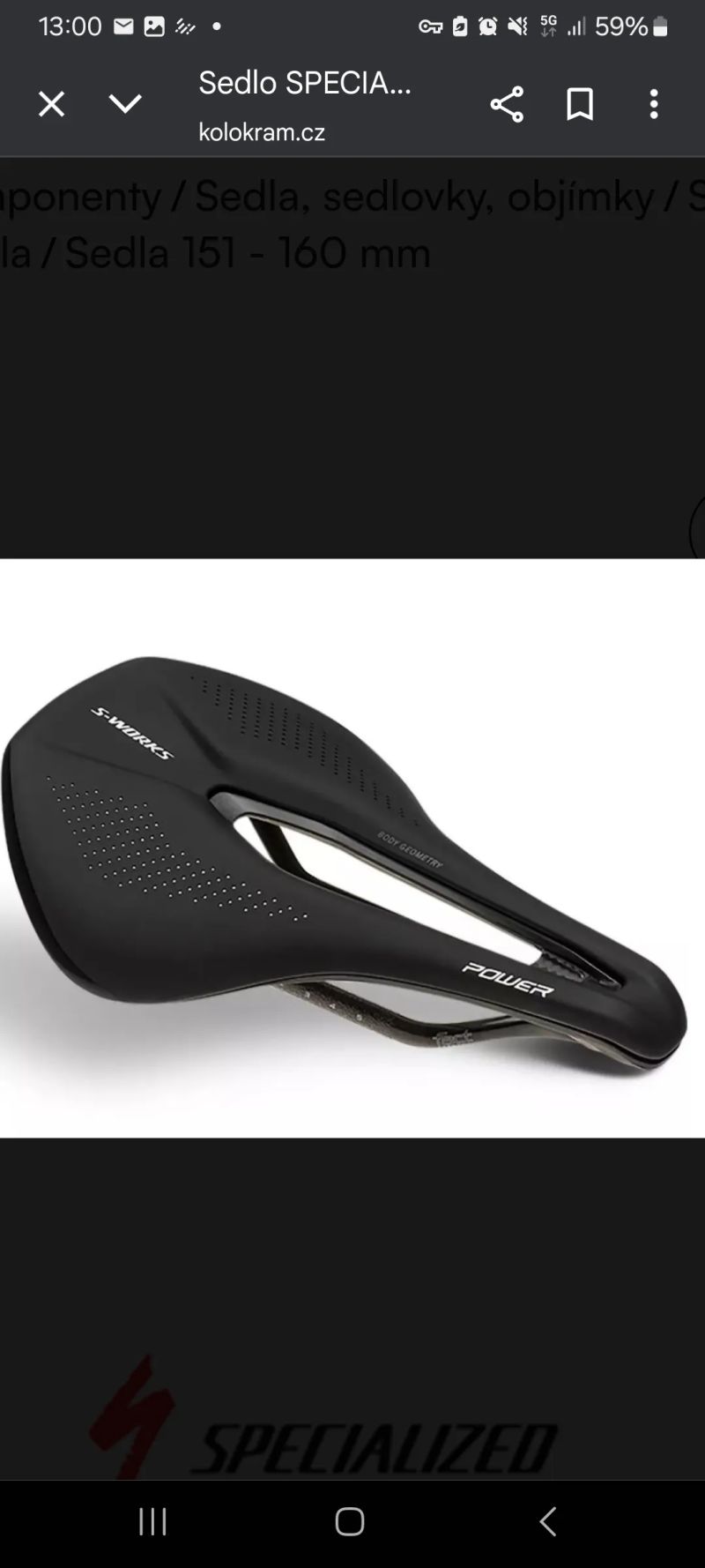 Sedlo Body Geometry S-Works Power, carbon fiber rails, carbon fiber base