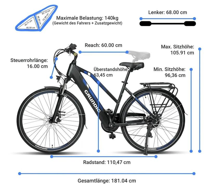 nové trekingové / městské elektrokolo Grundig ETB2800 250W, baterie Samsung 36V 14,7AH, dojezd 110km