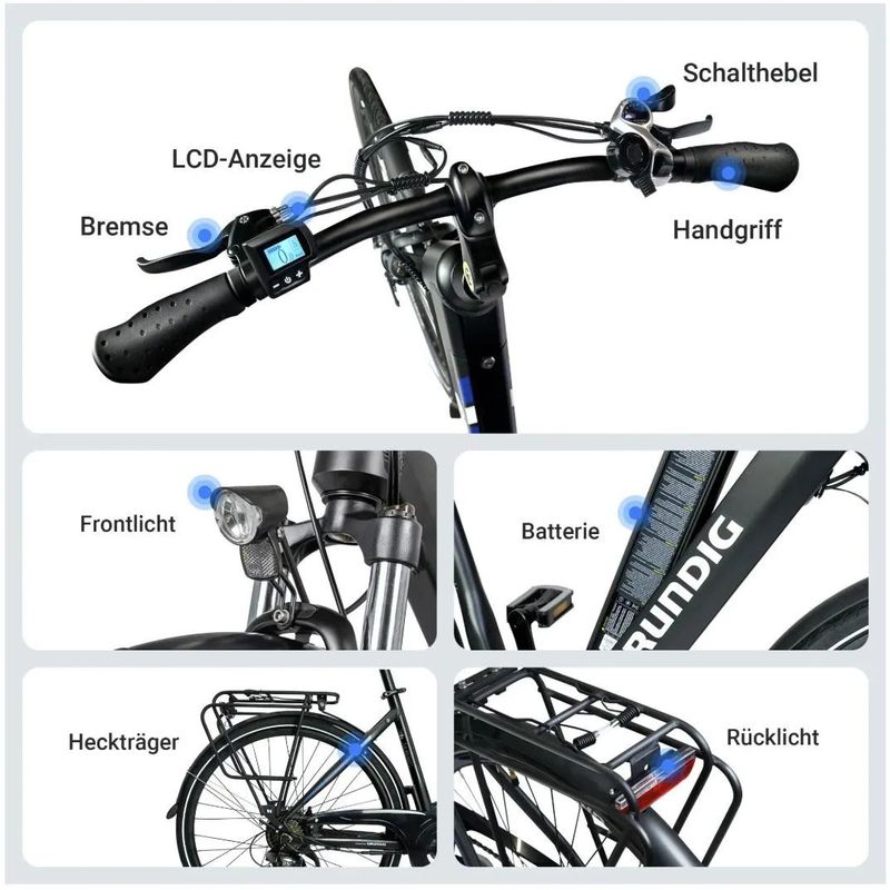 nové trekingové / městské elektrokolo Grundig ETB2800 250W, baterie Samsung 36V 14,7AH, dojezd 110km