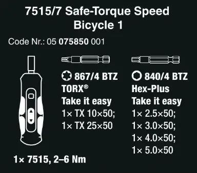 NOVÝ Wera 075850 Nářadí Safe-Torque Speed Bicycle 1. Typ 7515/7 (Sada 7 dílů)