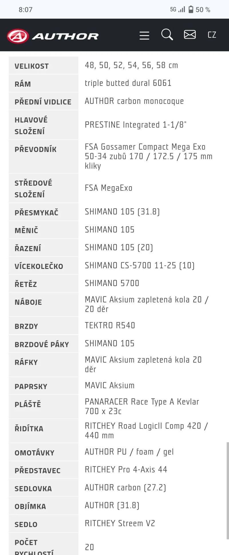 Silniční kolo Author A55, velikost 50
