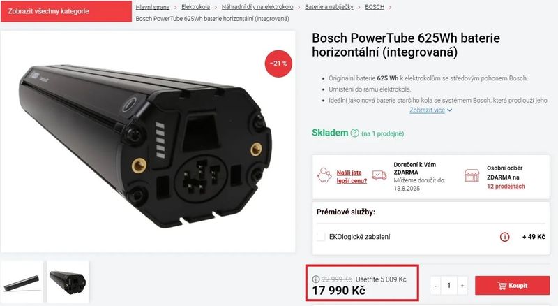 BOSCH PowerTube 625Wh BATERIE HORIZONTALNI 