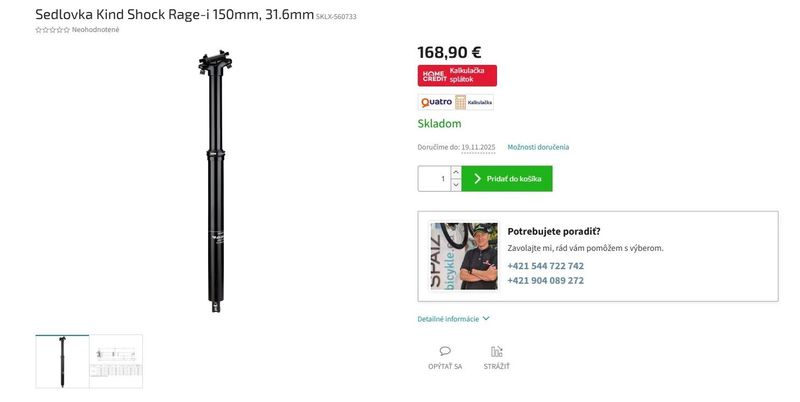 KIND SHOCK RAGE-i teleskopická sedlovka 31.6mm, 150mm, nová