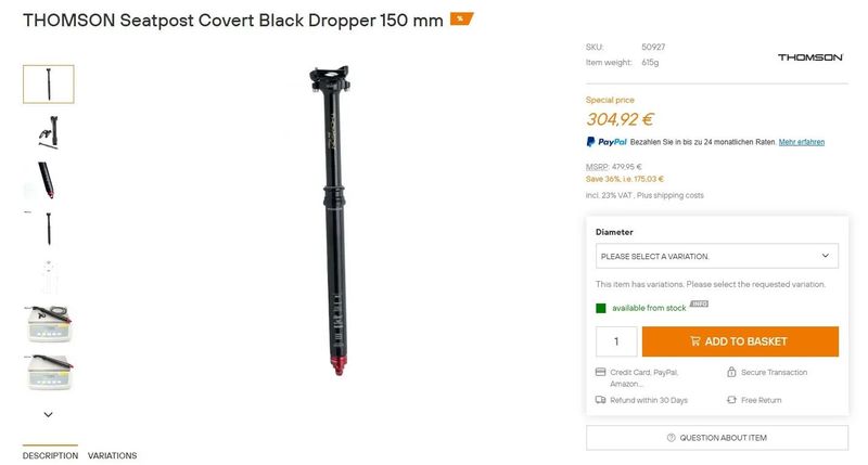 THOMSON COVERT Elite top teleskopická sedlovka, nová