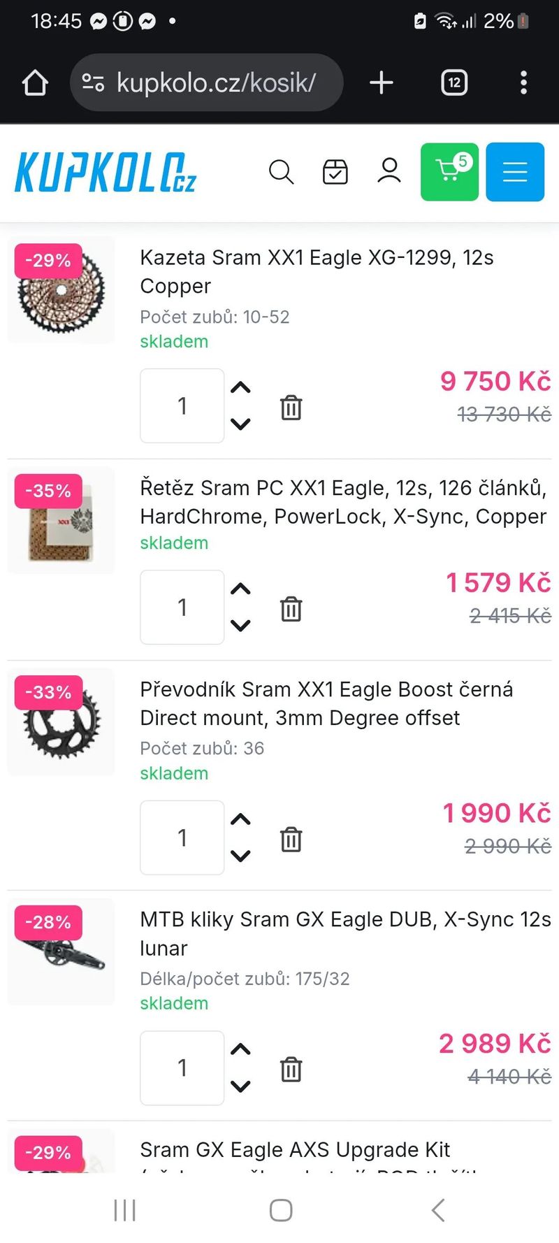 Zánovní sada 1 x 12speed Sram Gx AXS - upgrade ramínko - kazeta, řetěz, převodník XX1 / Copper