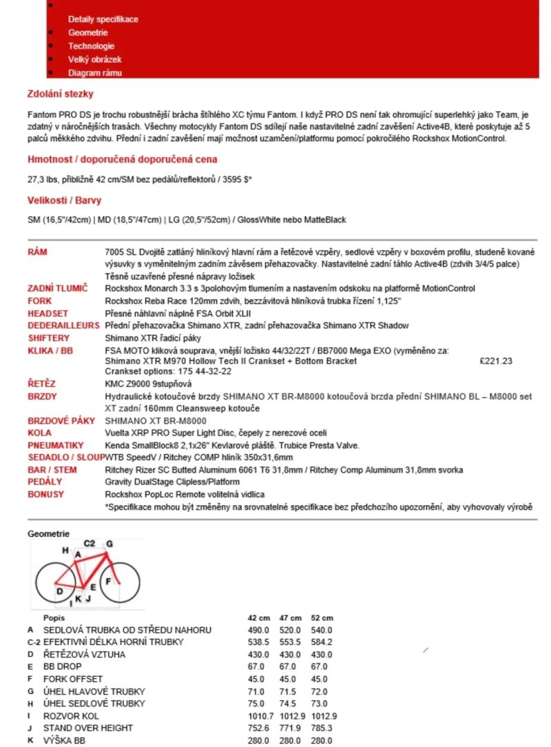 Motobecane Fantom PRO DS, Výbava Šhimano XTR, jako nové