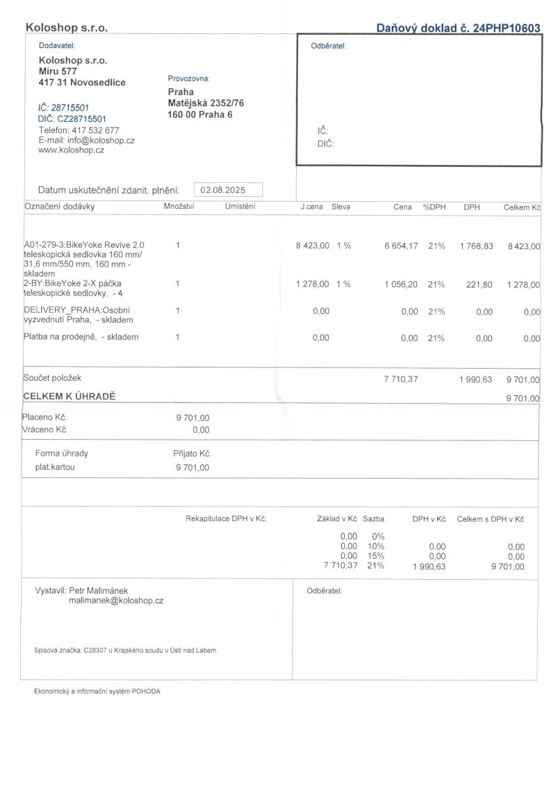 Zánovní sedlovka Bike Yoke Revive 2.0 (31,6mm ; 160mm) + páčka Bike Yoke 2-X