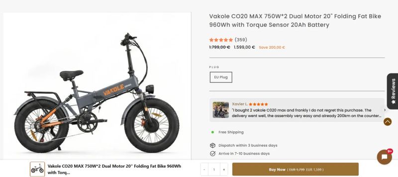 Vakole CO20 MAX 750W*2 Dual Motor 20" Folding Fat Bike 960Wh with Torque Sensor 20Ah Battery