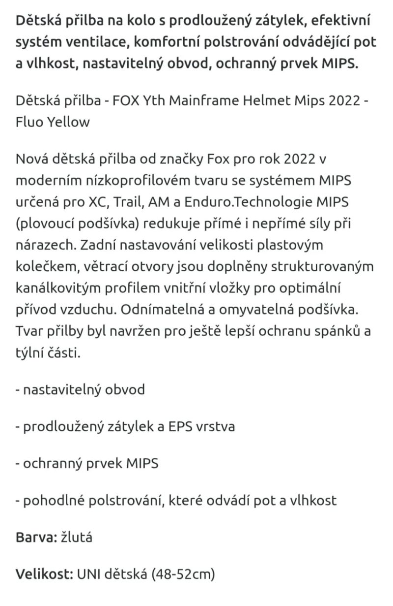 Dětská helma FOX Mainframe MIPS (48–52 cm) – Fluo Yellow
