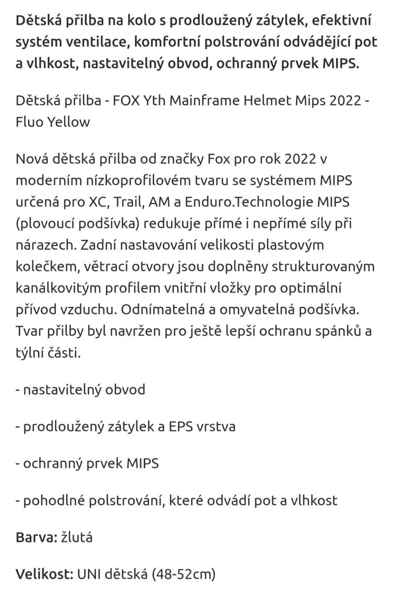 Dětská helma FOX Mainframe MIPS (48–52 cm) – Fluo Yellow