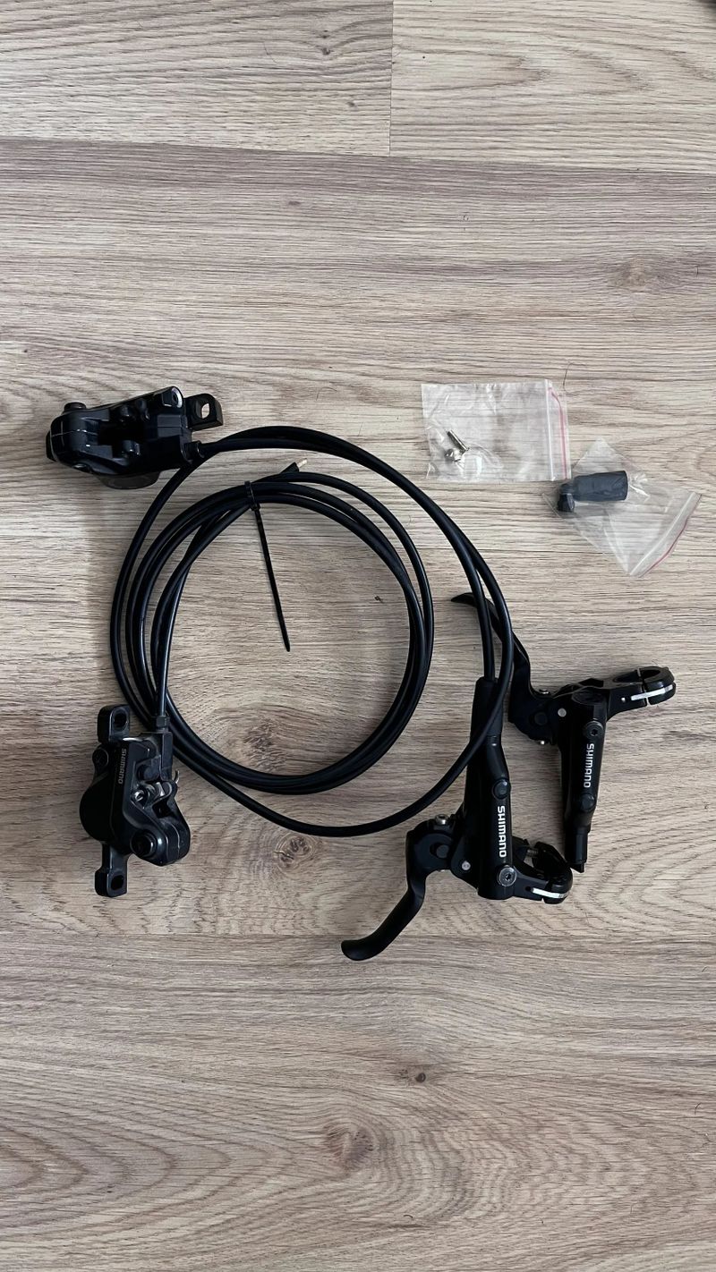 MTB kotoučové brzdy Shimano BR-MT500, páky BL-MT501 + kotouče 160 a 180 mm - POUŽITÉ