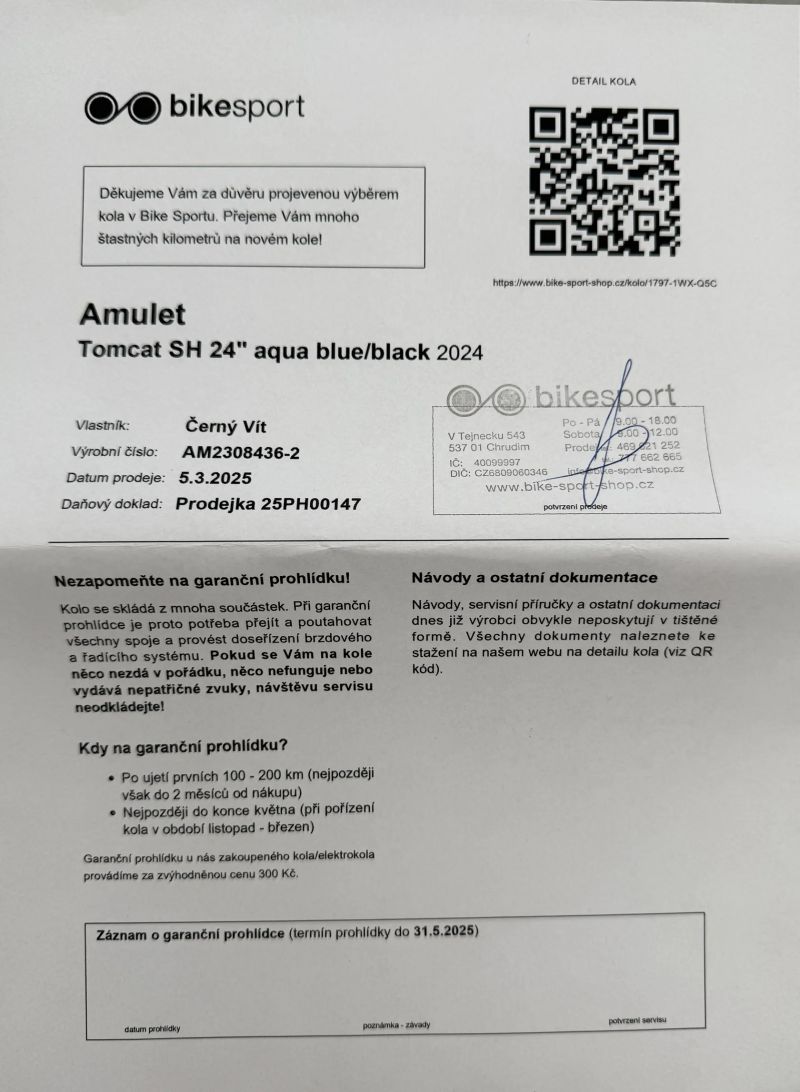 Amulet Tomcat 24, ZÁRUKA! Koupeno 5.3.2025