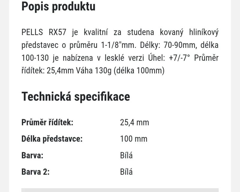 Predstavec na silniční kolo Pells bílý 31,8/100mm+nové světlo, krytky, držák na mobil 