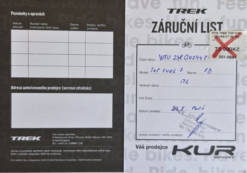 Celoodpružené horské kolo TREK Top Fuel 7 (stav nového kola-najeto jen 300km !!!)