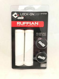 Gripy ODI Ruffian Lock-On Grip system - bílé, červené objímky